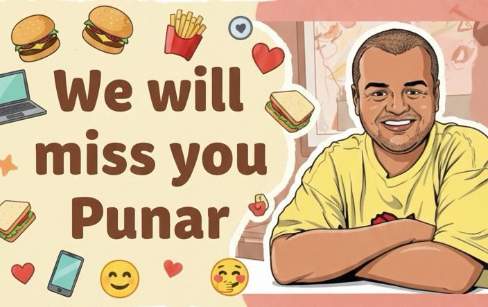Farewell banner for Punar with doodles, food icons, and a warm goodbye.